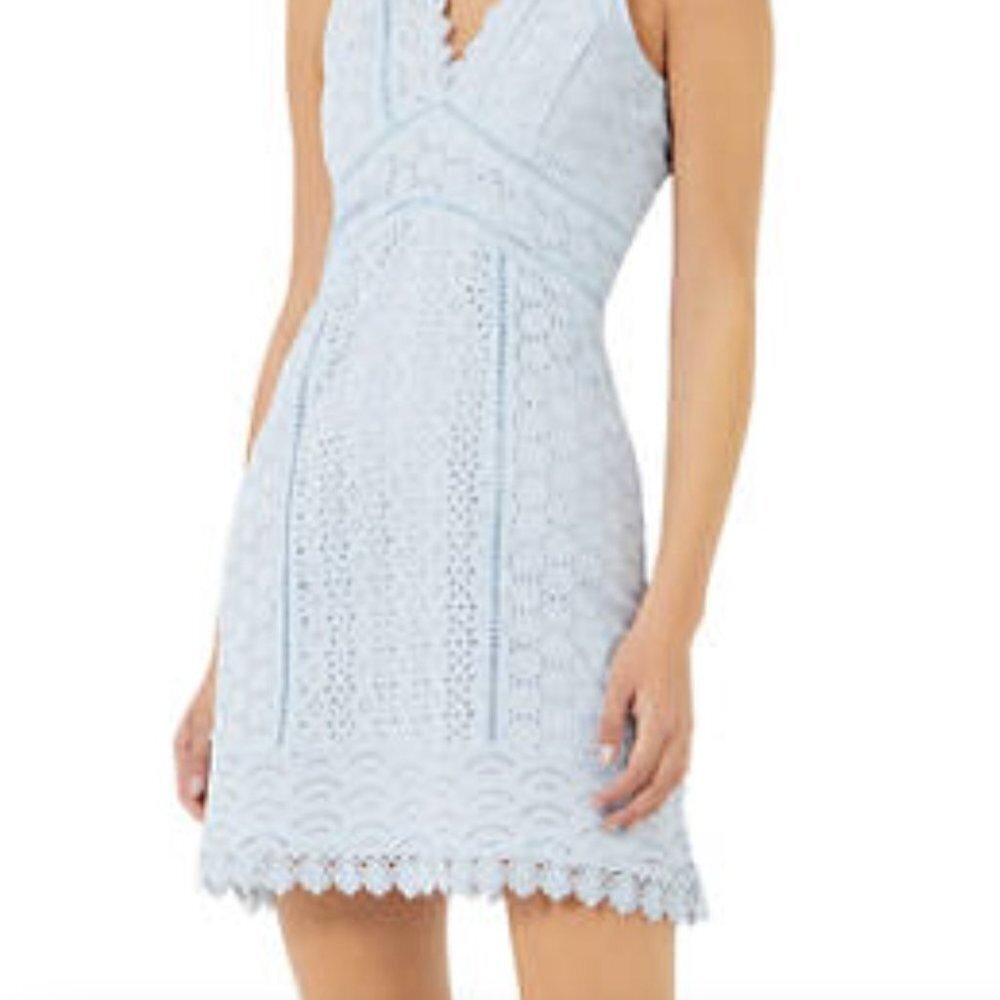 French Connection Women's Eso Zhara Lace V Neck Dress Light Dream Blue 12 NWT - Picture 2 of 10